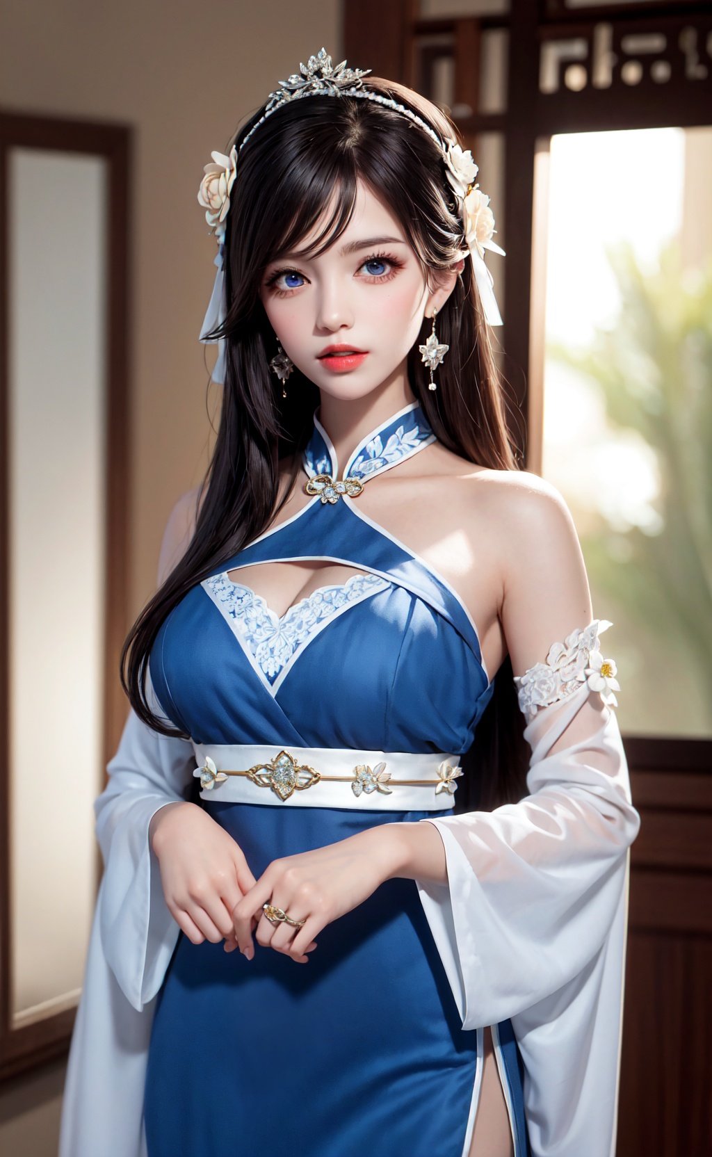 1girl, breasts, dress, jewelry, white dress, cleavage, flower, long hair, earrings, hair ornament, looking at viewer, hair flower, solo, detached sleeves, black hair, realistic, indoors, lips, bangs, mirror, sash, bare shoulders, blue eyes, chinese clothes, large breasts, blurry background, blurry, ring, veiny breasts, red lips, clothing cutout, side slit, parted lips, window