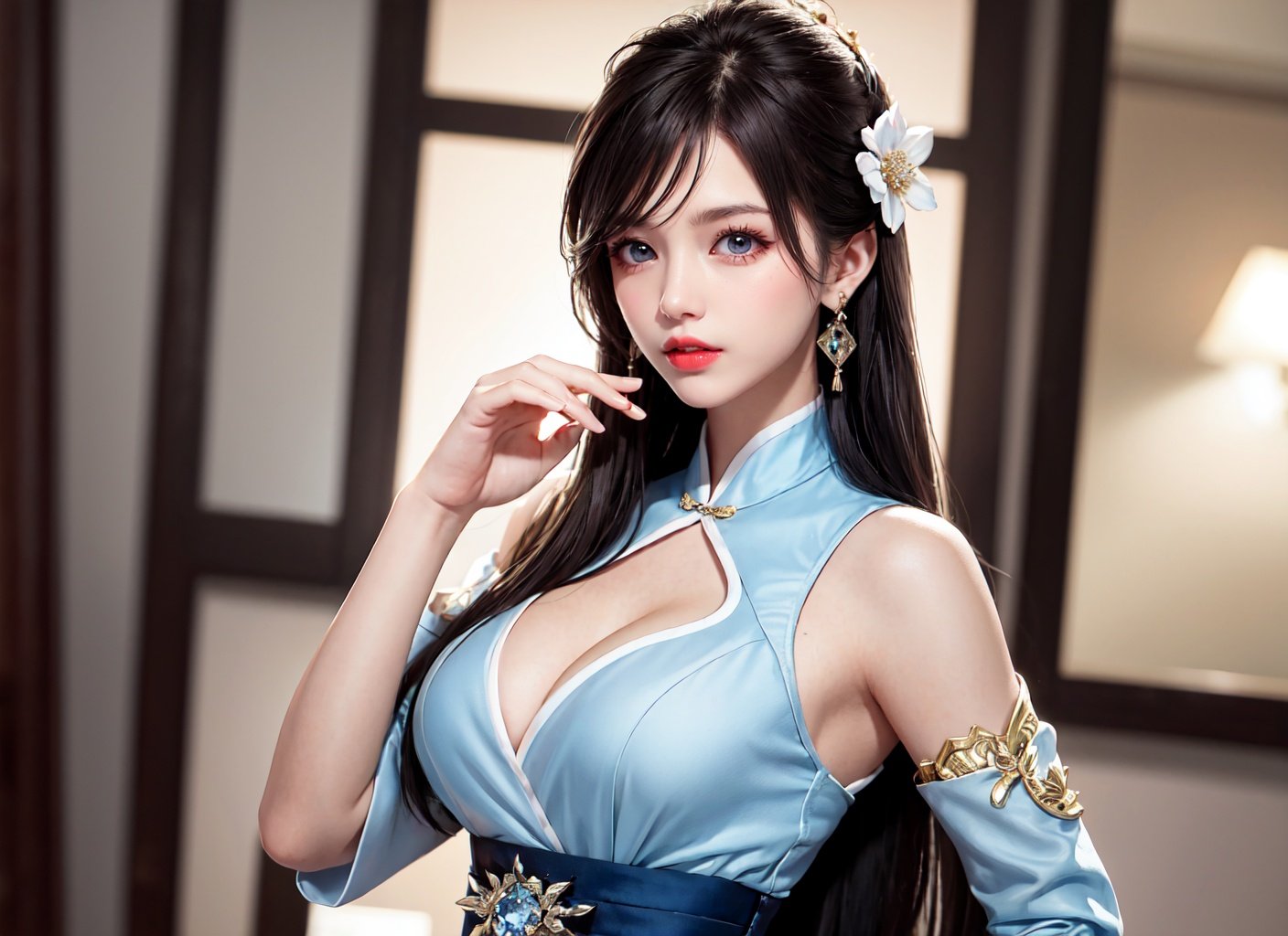 1girl, breasts, dress, jewelry, white dress, cleavage, flower, long hair, earrings, hair ornament, looking at viewer, hair flower, solo, detached sleeves, black hair, realistic, indoors, lips, bangs, mirror, sash, bare shoulders, blue eyes, chinese clothes, large breasts, blurry background, blurry, ring, veiny breasts, red lips, clothing cutout, side slit, parted lips, window