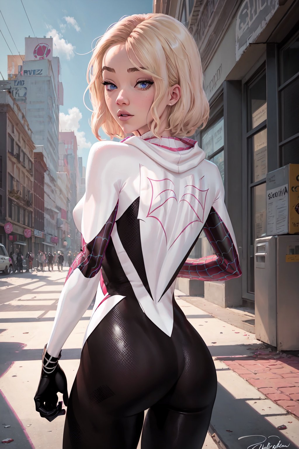 1girl ,solo,gwen stacy,spider web print, spider gwen , body suit , superhero <lora:gwen_1.5:0.78><lora:gwen_1.5:0.78>