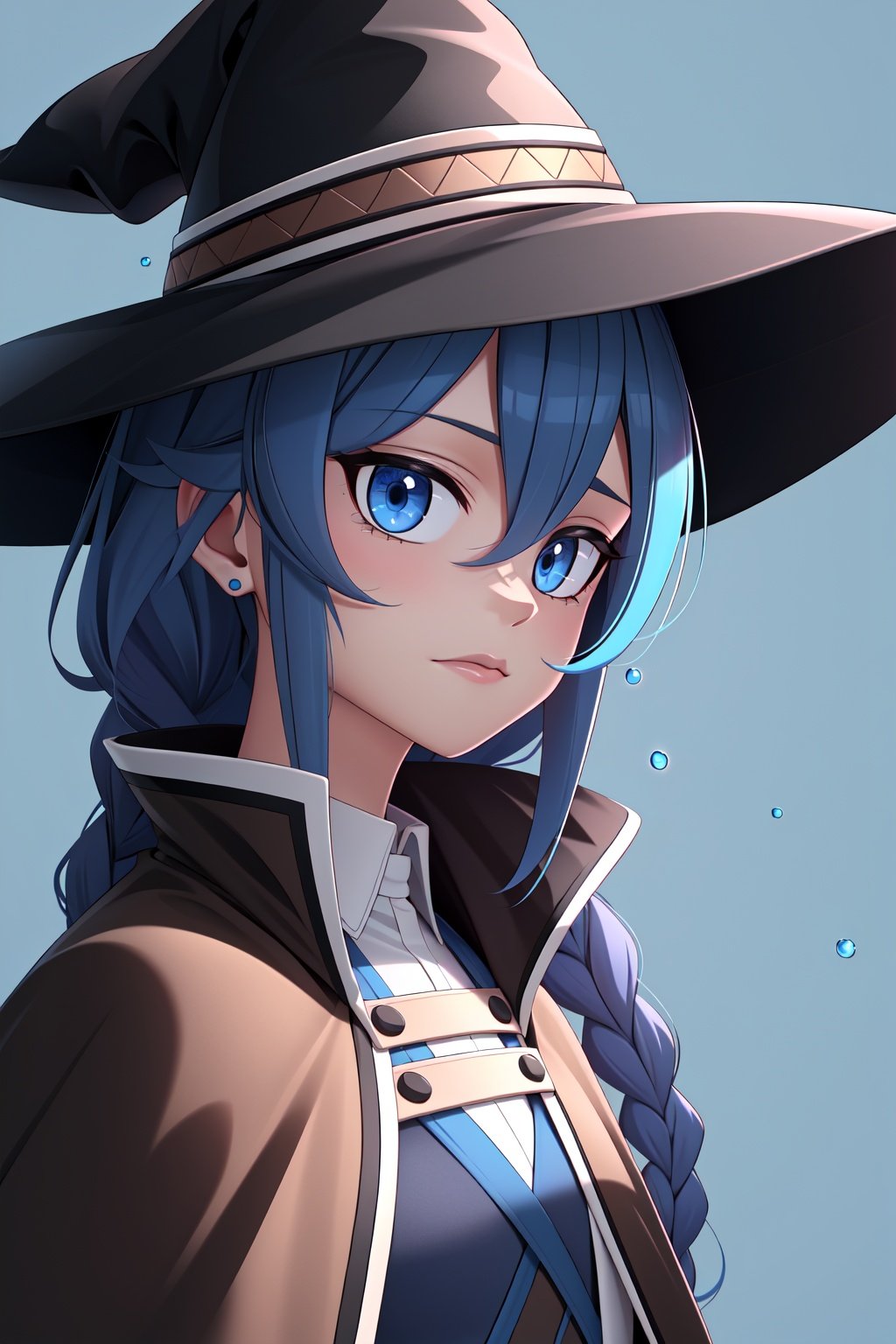 roxy migurdia, 1girl, bangs, black headwear, blue background, blue eyes, blue hair, braid, brown cape, cape, close-up, floating hair, hair between eyes, hat, long hair, looking at viewer, portrait, solo, water drop, witch hat, ((masterpiece)), blue light, blue background,nb anime, <lora:EMS-1450-EMS:1>