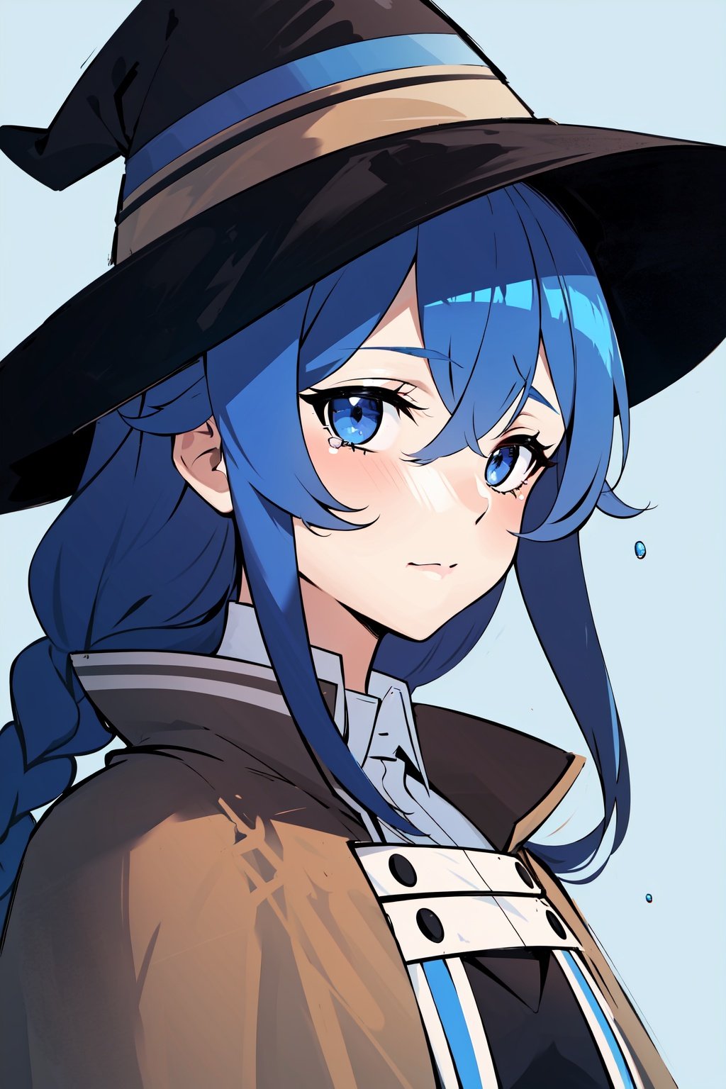 roxy migurdia, 1girl, bangs, black headwear, blue background, blue eyes, blue hair, braid, brown cape, cape, close-up, floating hair, hair between eyes, hat, long hair, looking at viewer, portrait, solo, water drop, witch hat, ((masterpiece)), blue light, blue background,nb anime, <lora:EMS-1450-EMS:1>