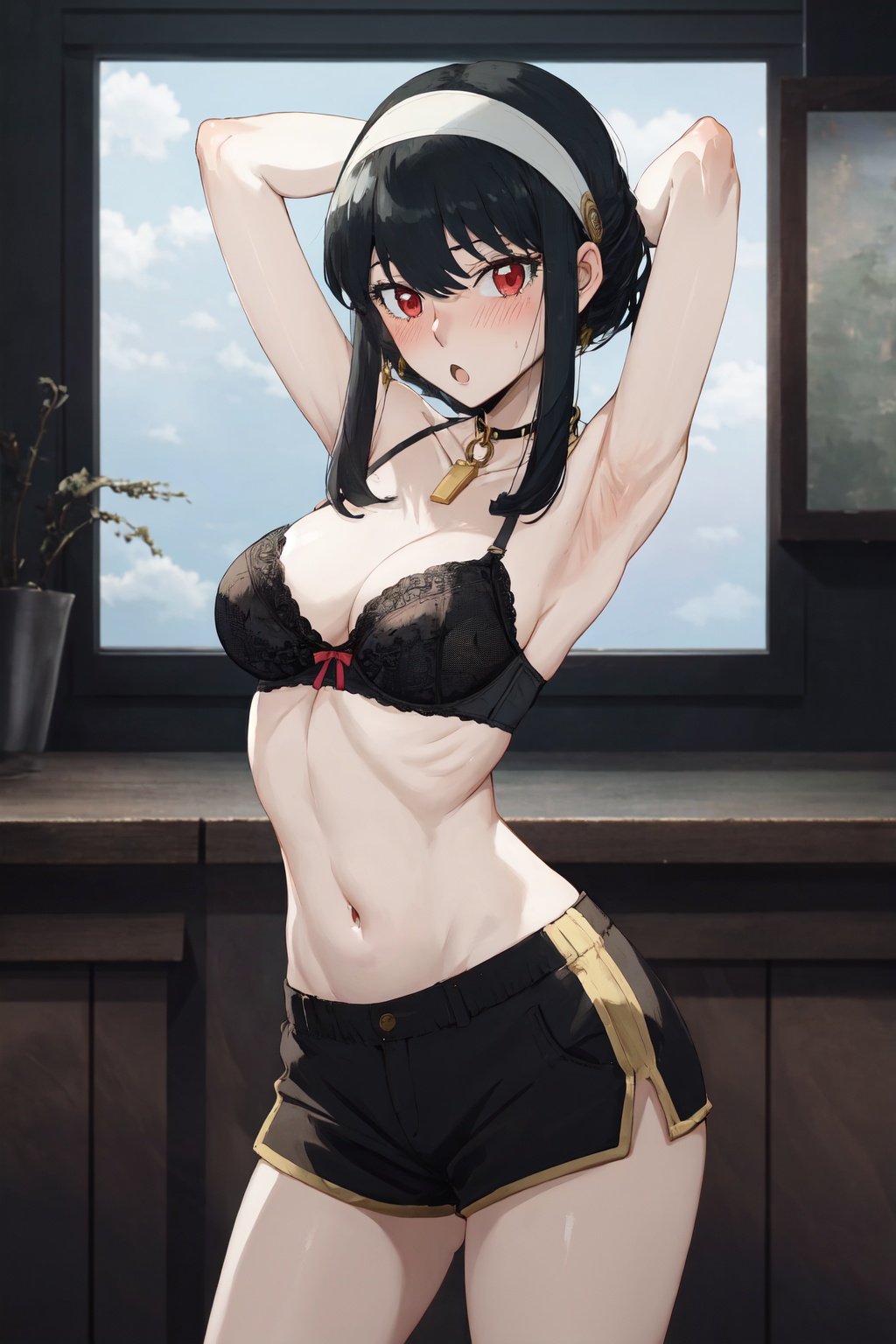 yor, 1girl, solo, bra, black bra, collarbone, no bottom, black hair, red eyes, red eyes, black hair, black hair, black hair, short hair, short hair with long locks, bangs, sideburns, white headband, gold chain on neck looking at viewer, :o, smooth bottom, standing, black shorts, legs spread, arms behind head, anime, erotic pose, blushing face, hut bottom, <lora:EMS-1456-EMS:1>