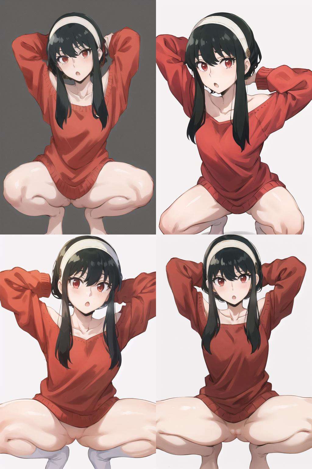 cowboy shot, yor, 1girl, solo, off-shoulder sweater, red sweater, collarbone, bottomless, black hair, red eyes, black hair, short hair, short hair with long locks, bangs, sidelocks, white hairband, looking at viewer, :o, <lora:yor4-06:0.9>, simple background, squatting, spread legs, arms behind head