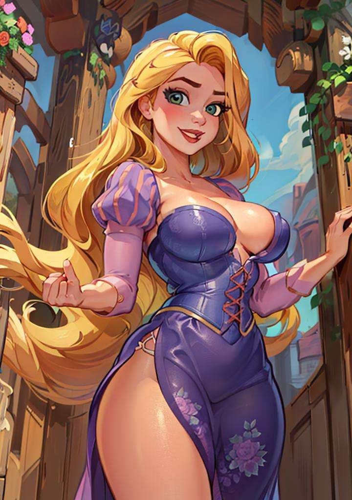 (RapunzelWaifu:1), 1girl, smile, :D, sexy, looking at viewer, (dress:1.2), from below, magic, (cute pose:1.2), (big breasts), curvy, big eyes, ((cute)), thick thighs, blonde,(realistic:1.2), (realism), (masterpiece:1.2), (best quality), (ultra detailed), (8k, 4k, intricate),(full-body-shot:1),(Cowboy-shot:1.2), (85mm),light particles, lighting, (highly detailed:1.2),(detailed face:1.2), (gradients), nsfw, colorful, (detailed eyes:1),(detailed ladscape, castle, big door, bricks, flowers:1.2), (detailed background),detailed landscape, (dynamic angle:1.2), (dynamic pose:1.2), (rule of third_composition:1.3), (Line of action:1.2), wide shot, daylight, solo, <lora:Rapunzel_character-20:0.7>  <lora:reiqStyleLORA_v2:0.6>