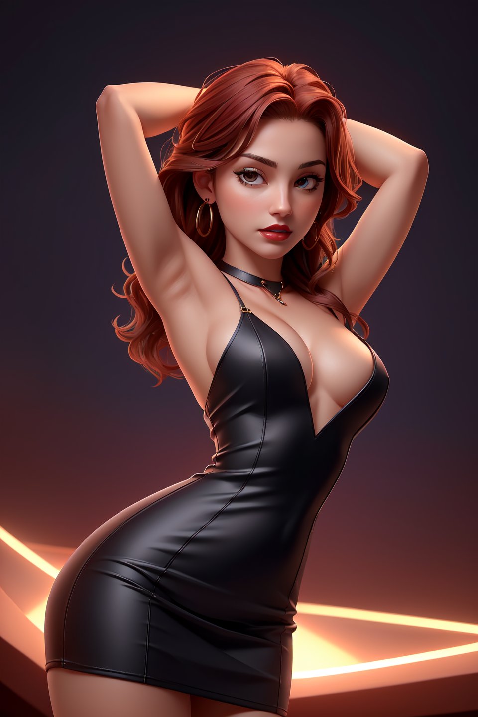 highres, masterpiece, perfect ligthing, bloom, night, cinematic lighting, adult, perfect skin, female, ((looking at viewer:1.2)), portrait, breasts squeezed together, arms up, nightclub, club, dress, red lips,realistic, (photorealistic),slim, small breasts