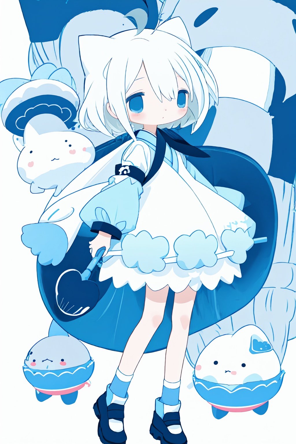 style of Chiho Aoshima, cute, a girl, white hair, puffy dress, full body, blue hue, simple white background, Illustration, Ink, japan, minimalistic, eguchistyle