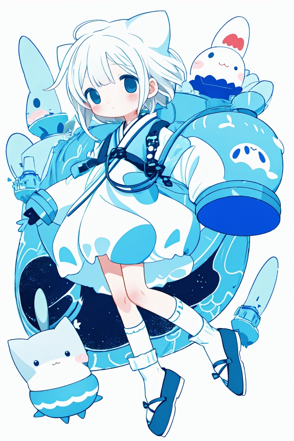 style of Chiho Aoshima, cute, a girl, white hair, puffy dress, full body, blue hue, simple white background, Illustration, Ink, japan, minimalistic, eguchistyle