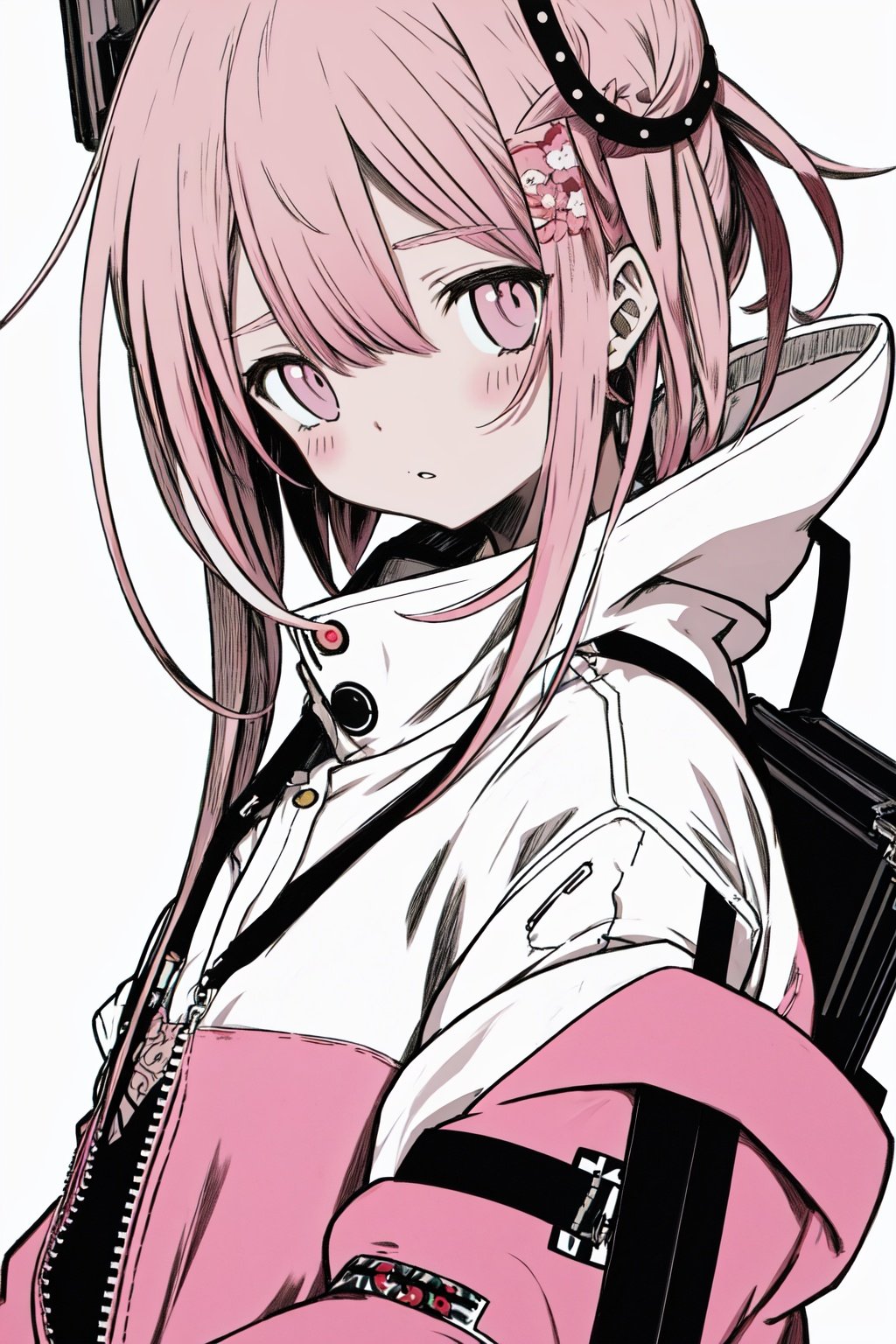 style of P.A. Works, style of Gabriel Picolo, style of Shohei Otomo, cute, a girl, pink hair, hoody on, upper body, blue hue, simple white background, Illustration, Ink, oil, japan, minimalistic, eguchistyle