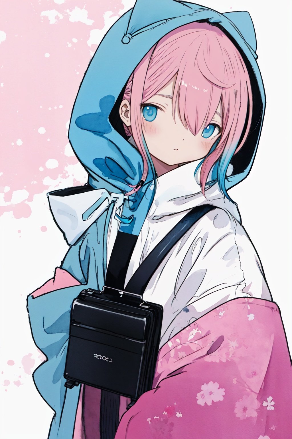 style of Gabriel Picolo, cute, a girl, pink hair, hoody on, upper body, blue hue, simple white background, watercolor, Illustration, Ink, oil, japan, minimalistic, eguchistyle