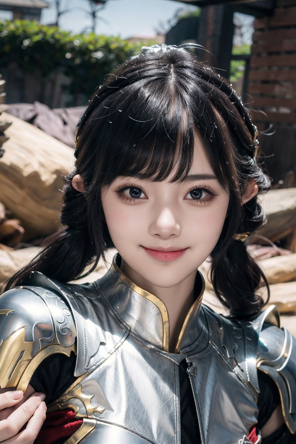 best quality, ultra high resolution, (photorealistic:1.4),a beautiful girl, [:(detailed face:1.2):0.2], kawaii, black twintails ,flat chest, smile, golden and silver spartan armor, half body, <lora:EMS-1468-EMS:0.8>