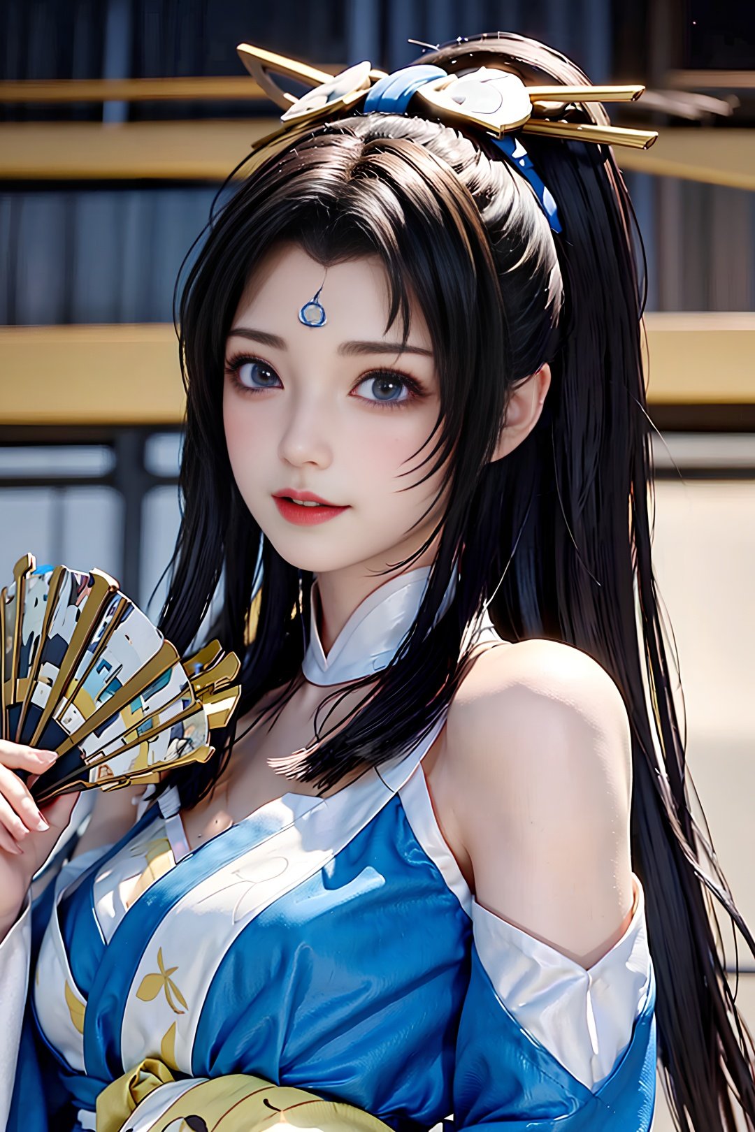 huowu,1girl, solo, black hair, long hair,white thighhighs, chair, high heels, cosplay,((upper body)),young and beautiful, tall and beautiful, fair face, perfect features, tall and beautiful, fair skin, good figure, 4k,cg,holding fan, blue theme,gameCG background,3Drender,realistic,cinematic lighting,smooth fog,detailed face, <lora:chilloutmixss_xss10:0.1> <lora:japaneseDollLikeness_v10:0.3>light smile, (((The Architectural Background of Japanese Style)))