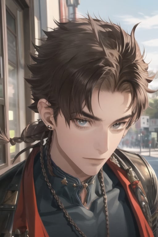 male focus,(masterpiece, best quality:1.1),suncedhy, 1boy, solo, brown hair, braid, brown eyes, finely detailed beautiful eyes, jewelry, earrings, chest jewel, bangs, looking at viewer, a boy in street