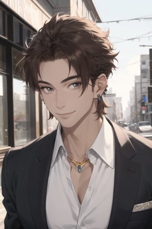 male focus,(masterpiece, best quality:1.1),suncedhy, 1boy, solo, brown hair, brown eyes, finely detailed beautiful eyes, jewelry, earrings, chest jewel, looking at viewer, a man in suit smile in street