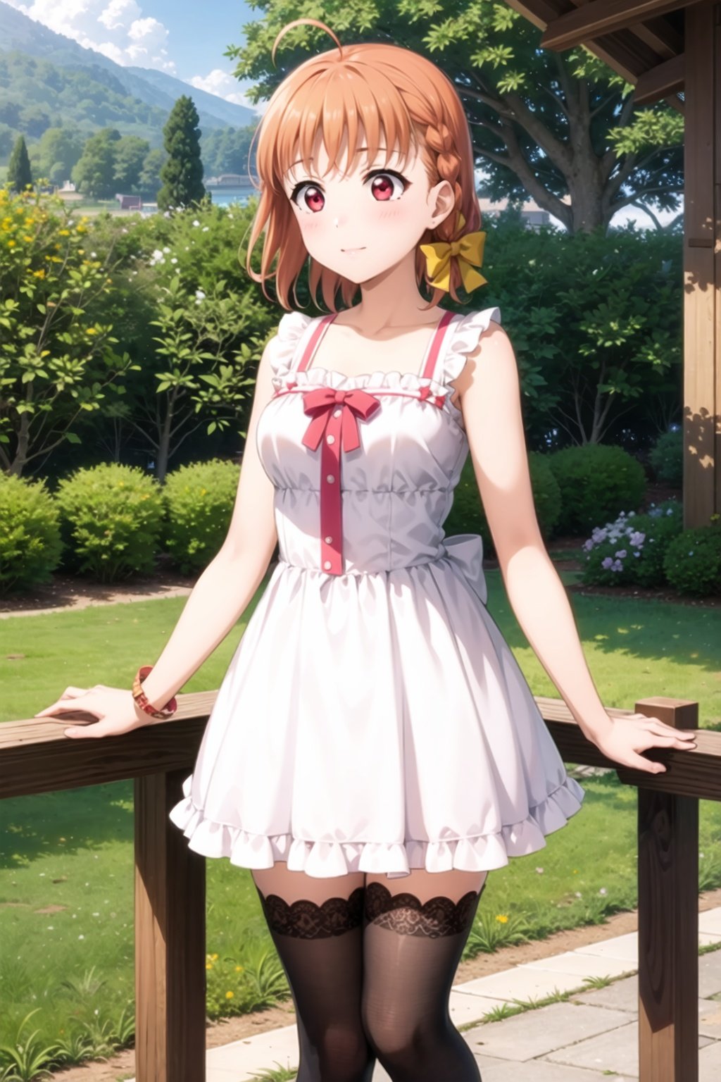 (masterpiece, best quality, ultra-detailed), 1girl, solo, takami chika, red eyes, braid, hair bow, ahoge, orange dress, frills, black thighhighs, looking away, outdoors, 