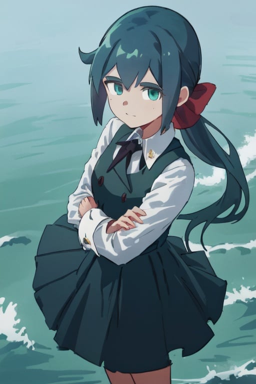 1girl, 1ponytail, dark blue hair, marine green eyes, Constanze, tall in stature, Young woman