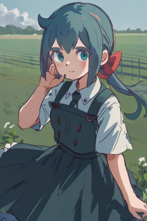 1girl, 1ponytail, dark blue hair, marine green eyes, Constanze, farm girl costume 