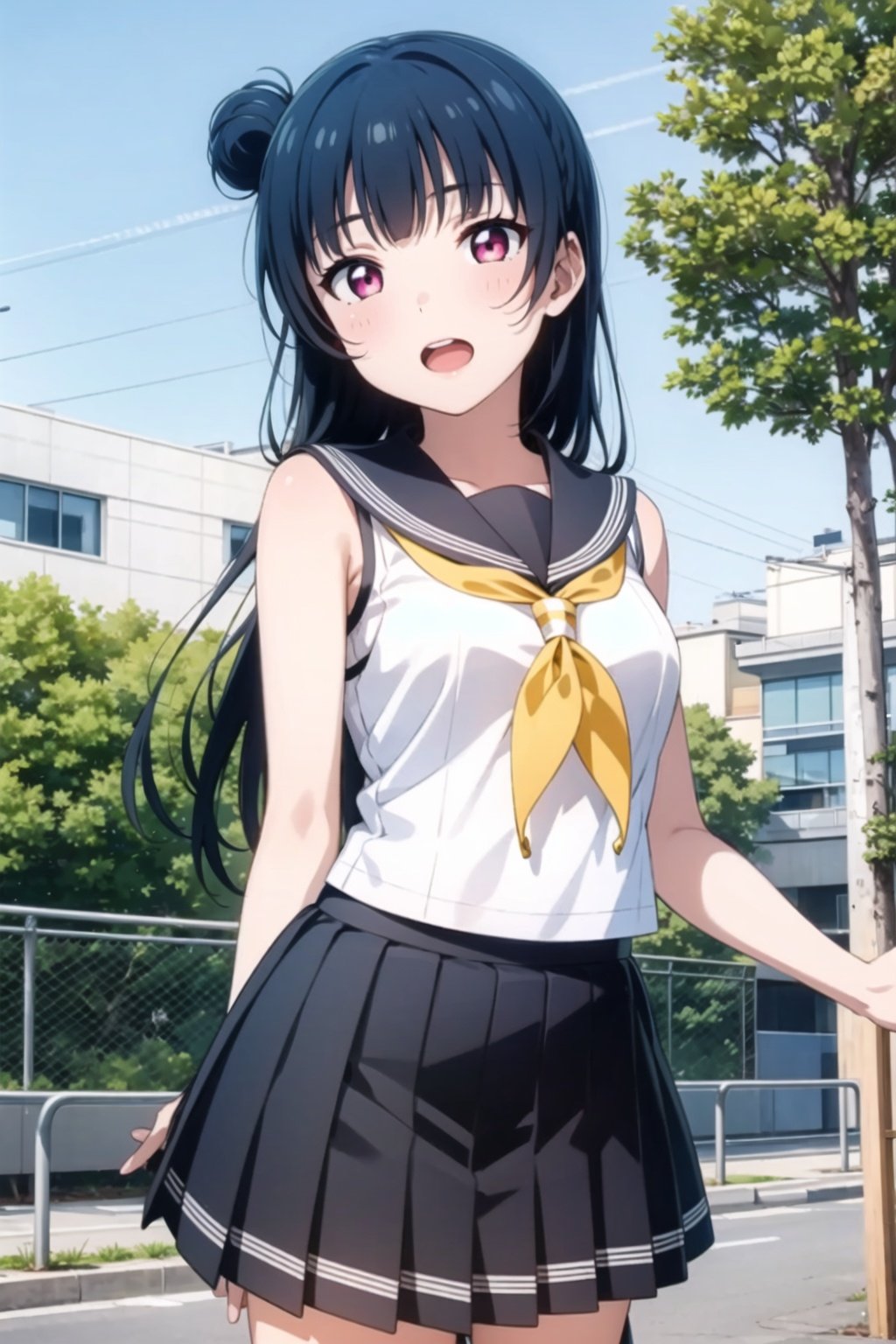 (masterpiece, best quality, ultra-detailed), (illustration), (beautiful detailed eyes), (1girl), (solo), tsushima yoshiko, purple eyes, blue hair,  single hair bun, <lora:YohaneLL_v1-04:0.6>, long hair, looking at viewer, open mouth, bangs, shirt, school uniform, pleated skirt, serafuku, sleeveless,  neckerchief, grey skirt,  yellow neckerchief, uranohoshi school uniform, outdoors, 