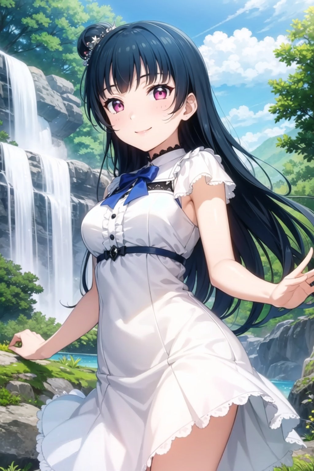 (masterpiece, best quality, ultra-detailed), (illustration), (beautiful detailed eyes), (1girl), (solo), tsushima yoshiko, purple eyes, blue hair,  single hair bun, <lora:YohaneLL_v1-04:0.6>, long hair, looking at viewer, outdoors, from below, dress, smile, lake, waterfall, smile, 