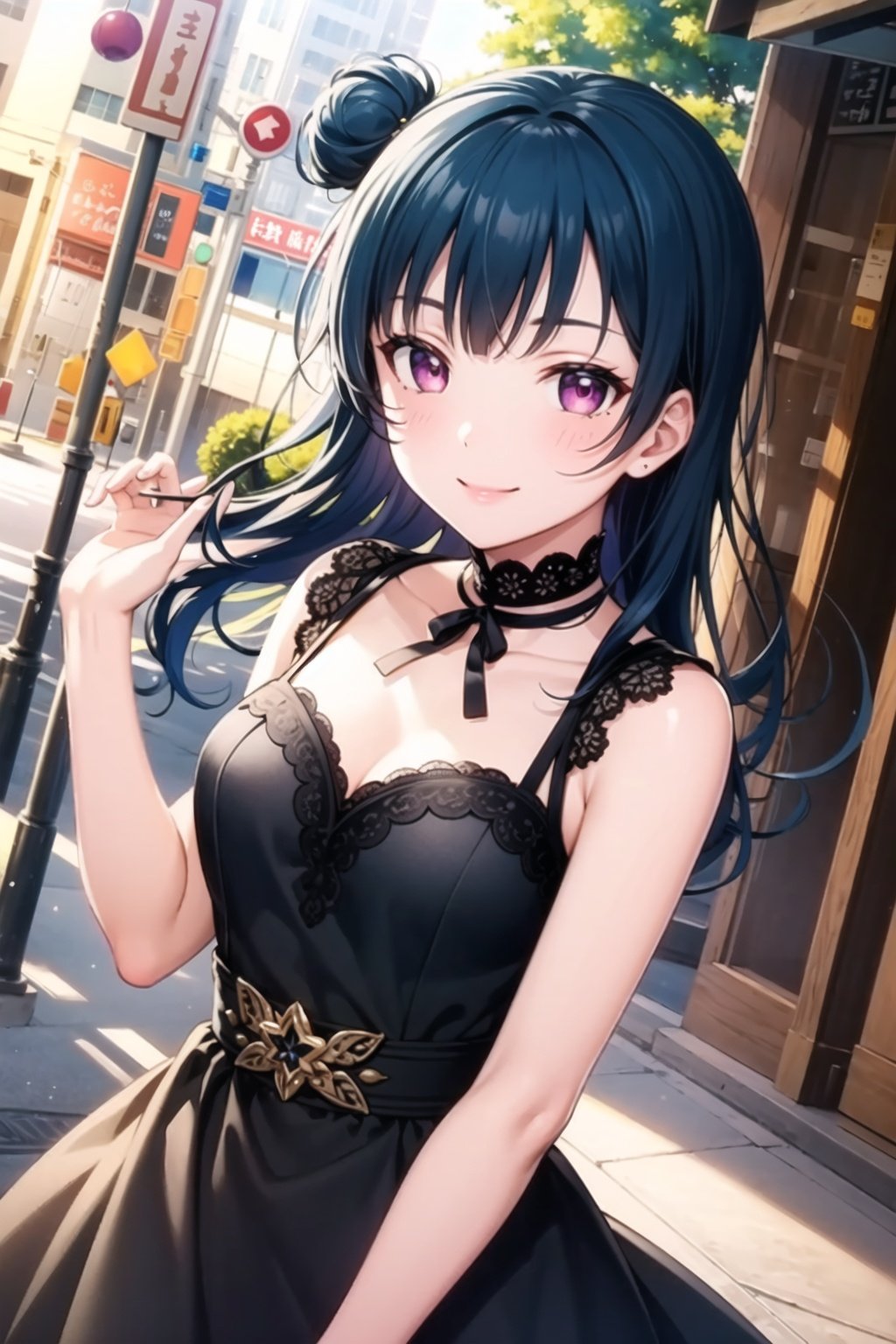 (masterpiece, best quality, ultra-detailed), (illustration), (beautiful detailed eyes), (1girl), (solo), tsushima yoshiko, purple eyes, blue hair,  single hair bun, <lora:YohaneLL_v1-04:0.45>, long hair, looking at viewer, outdoors, black dress, smile, bokeh, depth of field,  smile, 