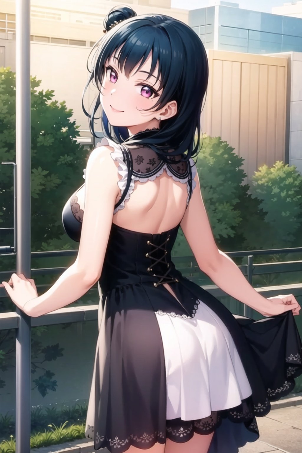 (masterpiece, best quality, ultra-detailed), (illustration), (beautiful detailed eyes), (1girl), (solo), tsushima yoshiko, purple eyes, single hair bun, <lora:YohaneLL_v1-04:0.6>, cowboy shot, smile, looking at viewer, outdoors, dress, standing, from behind, 