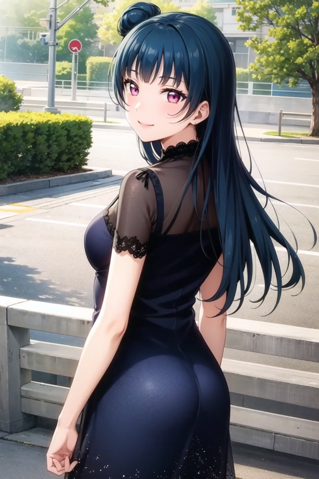 (masterpiece, best quality, ultra-detailed), (illustration), (beautiful detailed eyes), (1girl), (solo), tsushima yoshiko, purple eyes,  single hair bun, blue hair, long hair, <lora:YohaneLL_v1-04:0.6>, cowboy shot, smile, looking at viewer, outdoors, dress, standing, from behind, looking back, 