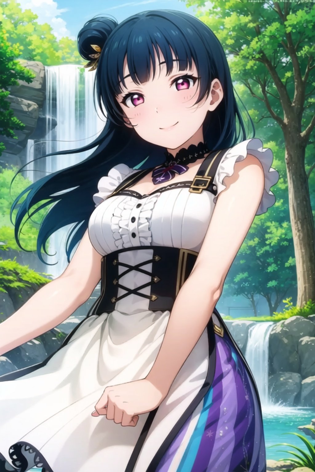 (masterpiece, best quality, ultra-detailed), (illustration), (beautiful detailed eyes), (1girl), (solo), tsushima yoshiko, purple eyes, blue hair,  single hair bun, <lora:YohaneLL_v1-04:0.8>, long hair, looking at viewer, outdoors, from below, dress, smile, lake, waterfall, smile, 