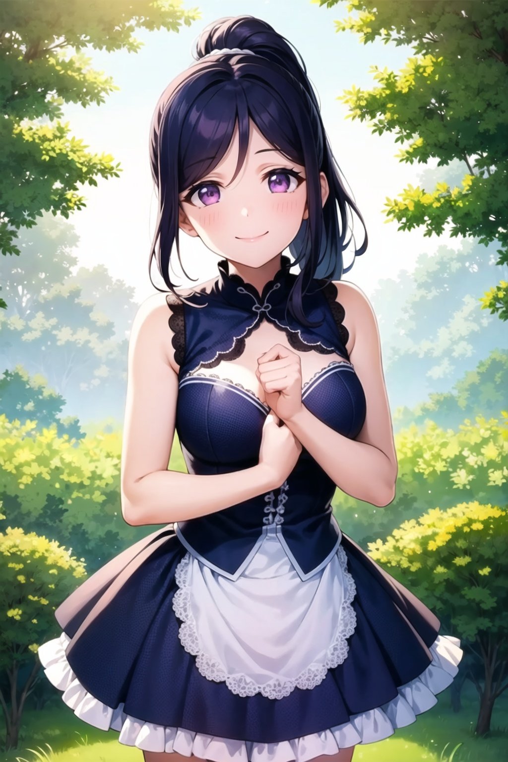 (masterpiece, best quality, ultra-detailed), (illustration), (beautiful detailed eyes), (1girl), (solo), matsuura kanan, blue hair, purple eyes, high ponytail, <lora:KananLL_v2-04:0.45>, outdoors, dress, frills, looking at viewer, cowboy shot, smile, 