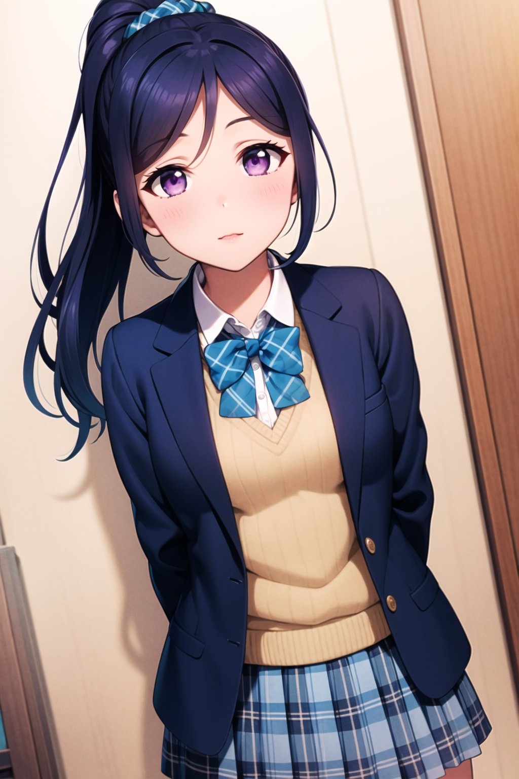 (masterpiece, best quality, ultra-detailed), (illustration), (beautiful detailed eyes), (1girl), (solo), matsuura kanan, blue hair, purple eyes, high ponytail,long hair, scrunchie, <lora:KananLL_v2-04:0.6>, otonokizaka school uniform, blue jacket, blue plaid skirt, green bowtie, collared shirt, 