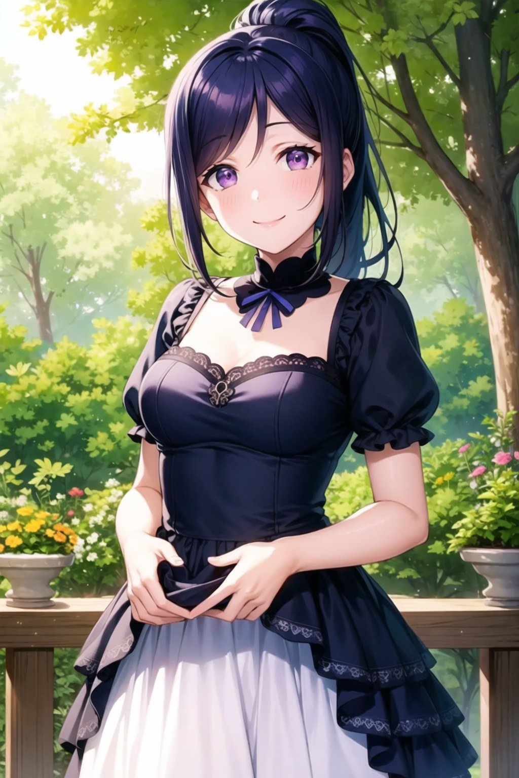 (masterpiece, best quality, ultra-detailed), (illustration), (beautiful detailed eyes), (1girl), (solo), matsuura kanan, blue hair, purple eyes, high ponytail, <lora:KananLL_v2-04:0.45>, outdoors, dress, frills, looking at viewer, cowboy shot, smile, 