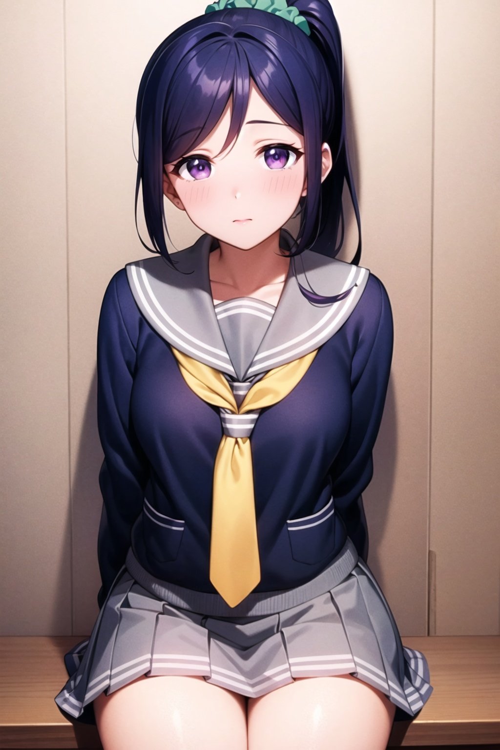 (masterpiece, best quality, ultra-detailed), (illustration), (beautiful detailed eyes), (1girl), (solo), matsuura kanan, blue hair, purple eyes, high ponytail,long hair, scrunchie, <lora:KananLL_v2-04:0.45>, uranohoshi school uniform, yellow serafuku, grey pleated skirt, green cardigan, tie clip, 