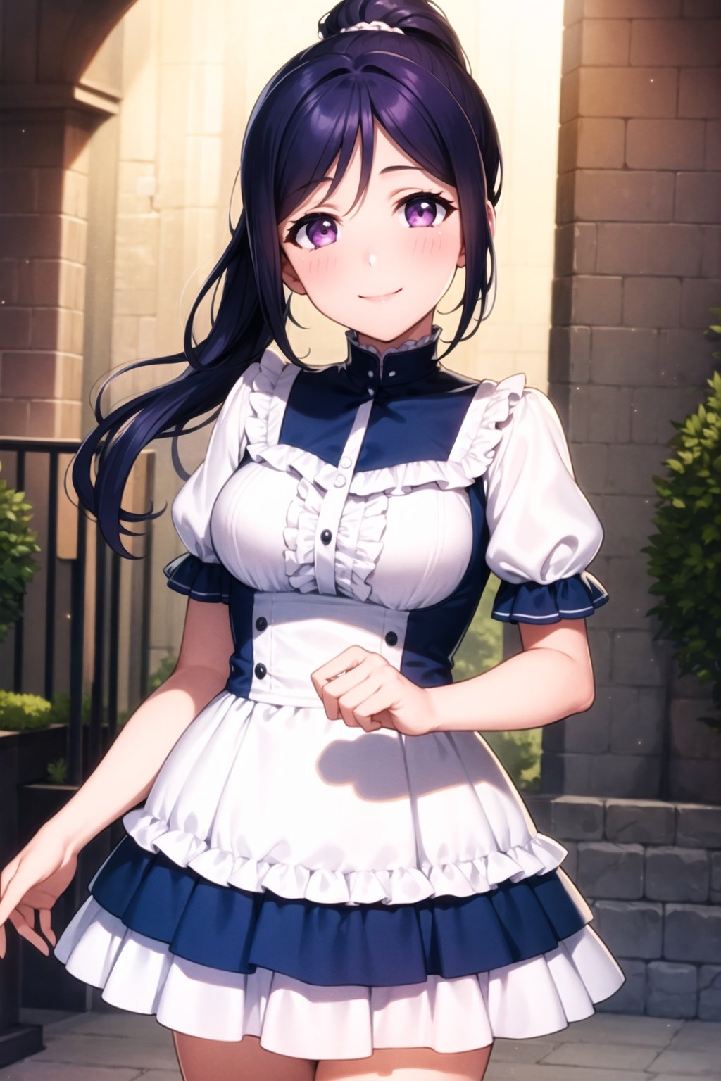 (masterpiece, best quality, ultra-detailed), (illustration), (beautiful detailed eyes), (1girl), (solo), matsuura kanan, blue hair, purple eyes, high ponytail, <lora:KananLL_v2-04:0.45>, outdoors, dress, frills, looking at viewer, cowboy shot, smile, 