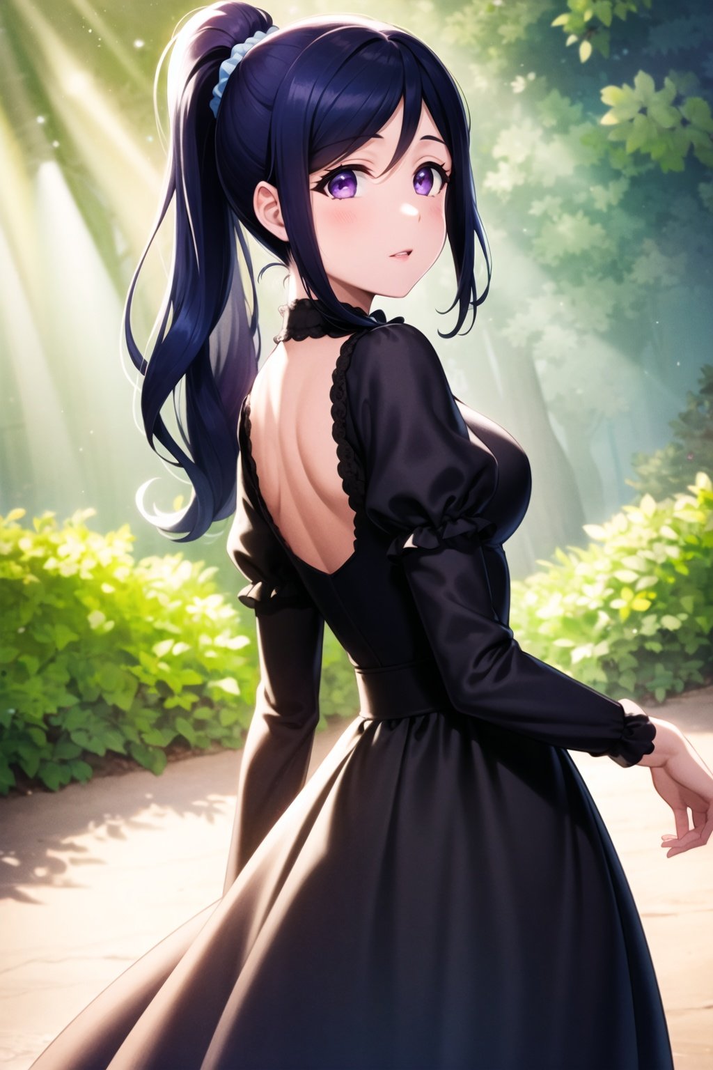 (masterpiece, best quality, ultra-detailed), (illustration), (beautiful detailed eyes), (1girl), (solo), matsuura kanan, blue hair, purple eyes, high ponytail,long hair, scrunchie, <lora:KananLL_v2-04:0.6>, outdoors, from behind, greenary, depth of field, bokeh, looking back, dress, cowboy shot, 