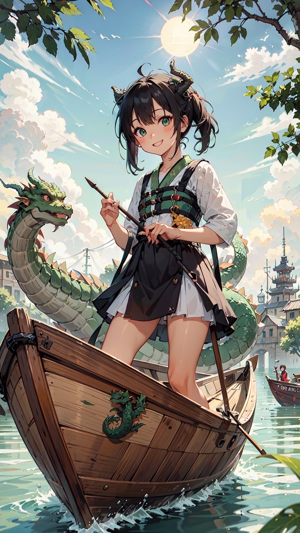 Best quality,masterpiece,ultra high res,Summer,Green,(dragon:1.5),Indocalamus Leaf,longzhou,1 girl,(bright eyes, sun-kissed skin, carefree expression),smile,boat,(There are more boats in the distance:1.5),,longzhou,There's sticky rice on the boat,boat,watercraft,  <lora:DW:1>