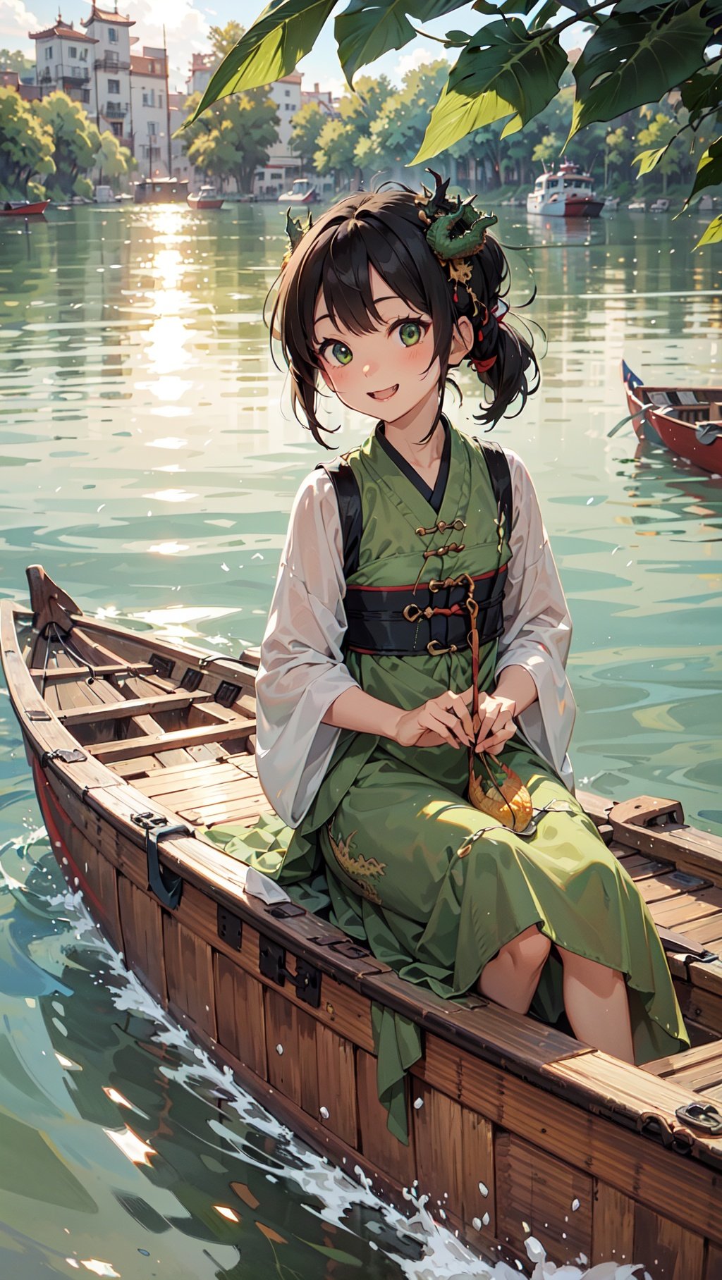 Best quality,masterpiece,ultra high res,Summer,Green,(dragon:1.5),Indocalamus Leaf,longzhou,1 girl,(bright eyes, sun-kissed skin, carefree expression),smile,boat,(There are more boats in the distance:1.5),,longzhou,There's sticky rice on the boat,boat,watercraft,  <lora:DW:1>