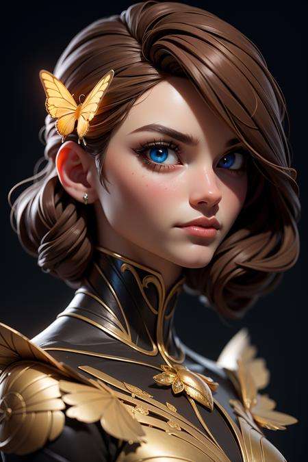 3dmm style,8k portrait of beautiful cyborg with brown hair, intricate, elegant, highly detailed, majestic, digital photography, art by artgerm and ruan jia and greg rutkowski surreal painting gold butterfly filigree, broken glass, (masterpiece, sidelighting, finely detailed beautiful eyes: 1.2), hdr,