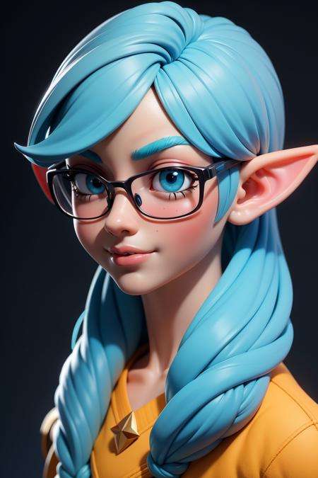 mj3d style,3dmm,3d,(masterpiece, best quality:1.1), elf, light blue hair, glasses, mole on mouth ,anime , (smile:0.5)