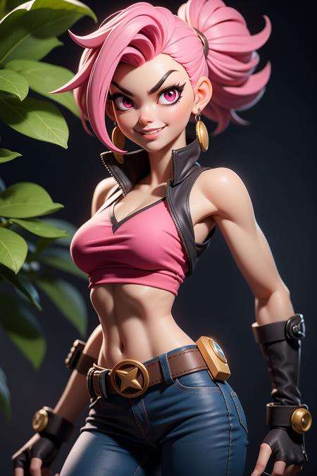 mj3d style,3dmm,3d, Game, icon, playmarket,JinxLol,mature female,1girl, (pink eyes), solo,looking at viewer, navel, gloves, fingerless gloves, character name, midriff, bare shoulders, looking at viewer, gun, crop top, belt,outdoors,, casual, smile, look at viewer, camera focus on face, halfbody,