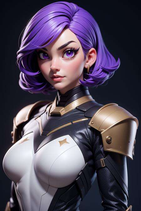 3dmm style,a nude portrait of a giant [seductress|babe] , science fiction, [(crNanosuit|War_Glam)::0.5], [power armor|armor] ,armored, wearing [(crNanosuit|War_Glam)::0.5]_breastplate, perfect face, pretty face, purple eyes, purple hair, very short hair, flat chest, lush detail, absurdres,