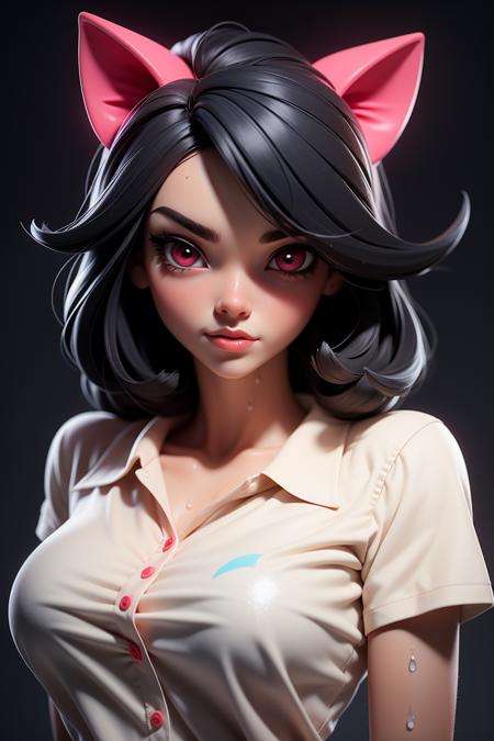 3dmm mj3d style,realistic, 1girl, black hair, red eyes, slit eyes, glowing eyes, oversized shirt, parted lips, blush, cat ears, wet shirt, sweaty,