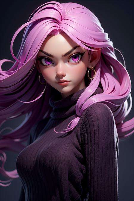 3dmm style,(masterpiece, top quality, best quality, official art, beautiful and aesthetic:1.2), (fractal art:1.3), 1girl, beautiful, high detailed, purple hair with a hint of pink, pink eyes, dark lighting, serious face, looking the sky, sky, medium shot, black sweater, jewelry