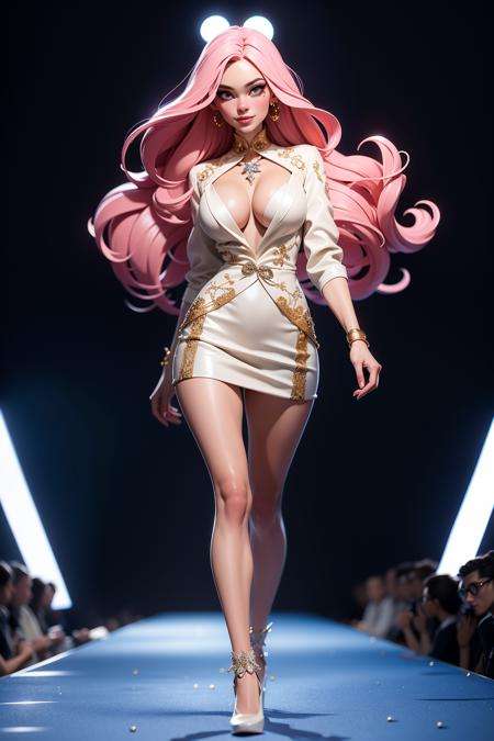 3DMM,MJ3D,(best quality, masterpiece:1.2), (extremely intricate detail), extremely delicate and beautiful, beautiful and aesthetic, (cute, pretty), full body, portrait, front view, (modern, Contemporary, runway of fashion_show, Victoria's Secret Fashion Show:1.2), walking to runway, walking forward, cinematic lights, model_perfomence, light smile, (gigantic breast:1.2), mature_female, very long hair, (shiny skin, pale skin:1.2)