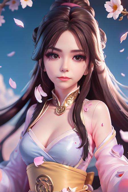 ultra-detail, realistic professional photograph, straight shot,Close-up of bust,1 girl nangongwan,(Beautiful detailed face), Perfect Eyes,Beautiful and ((meticulous eyes)), (chibi:1),hanfu, floating, posing, power pose, looking into the distance, floating in intricate detailed clouds, leaves:1.1, (floating flower petals on background:1.2), streaks of light, cinematic lighting, side lighting, pink and dark blue cloud detailed background, beautiful, magical, dramatic, absurdres, 8k, 4k, (highres:1.1), best quality, (masterpiece:1.3),   <lora:nangongwan:1> <lora:blindbox_V1Mix:1>