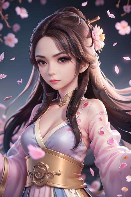 ultra-detail, realistic professional photograph, straight shot,Close-up of bust,1 girl nangongwan,(Beautiful detailed face), Beautiful and ((meticulous eyes)), (chibi:1),hanfu, floating, posing, power pose, looking into the distance, floating in intricate detailed clouds, leaves:1.1, (floating flower petals on background:1.2), streaks of light, cinematic lighting, side lighting, pink and dark blue cloud detailed background, beautiful, magical, dramatic, absurdres, 8k, 4k, (highres:1.1), best quality, (masterpiece:1.3),  <lora:blindbox_V1Mix:0.7> <lora:nangongwan:1>
