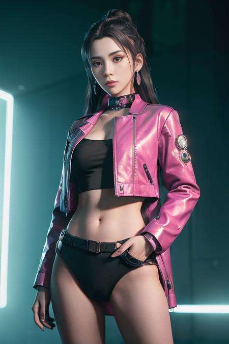 (((Cyberpunk style))),nangongwan:0.3, ycy:0.7,goodface, (full body:0.5),Dynamic posture, ((best quality)), ((masterpiece)), ((realistic)), (detailed),portrait, close up,(((lowkey))),young female Sorceress,Wearing a Cyberpunk jacket, black and red pants, decorated with straps,oversized clothes,(highly detailed skin:1.2), (((Skin highlights))),Real skin texture, photo or portrait,Light powder blusher,(Luxury earrings), Sharp focus, depth of field,stunning gradient colors,Photographic works, neon lights, High contrast,Hidden Hand,no watermark signature,Clean Cyberpunk studio background, CG:0.5 ((masterpiece)),HDR,4K,  <lora:nangongwan:0.5>   (ulzzang-6500-v1.1:0.5)   ycy:0.5 <lora:tifaMeenow_tifaV2:0.2> <lora:epiNoiseoffset_v2:0.5>