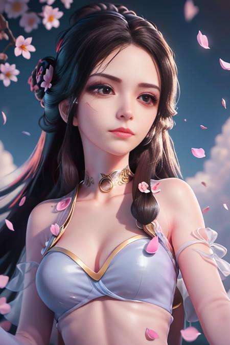 ultra-detail, realistic professional photograph, straight shot,Close-up of bust,1 girl nangongwan,(Beautiful detailed face), Beautiful and ((meticulous eyes)), (chibi:1), floating, posing, power pose, looking into the distance, floating in intricate detailed clouds, leaves:1.1, (floating flower petals on background:1.2), streaks of light, cinematic lighting, side lighting, pink and dark blue cloud detailed background, beautiful, magical, dramatic, absurdres, 8k, 4k, (highres:1.1), best quality, (masterpiece:1.3),  <lora:blindbox_V1Mix:0.7> <lora:nangongwan:1>