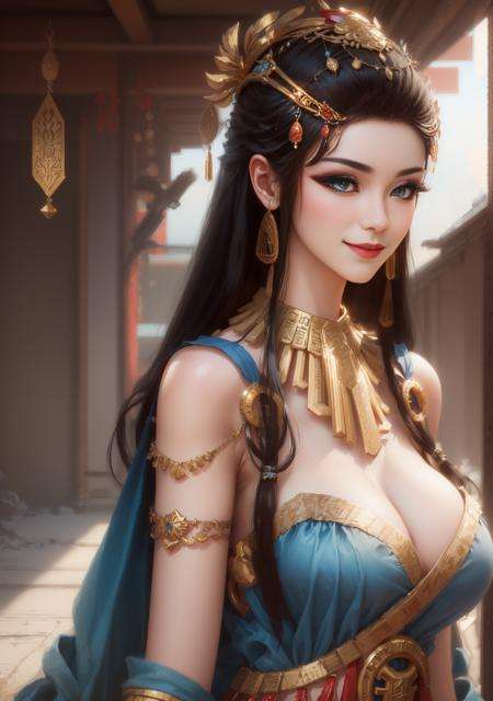 yuanyao,1girl , (masterpiece:1.5), (best quality:1.5), long black hair,blue eyes,light smile,Neck ring,gradient background,(huge breasts), white background,  Gold jewelry, blue_dress, closed_mouth, bangle, looking_at_viewer, upper_body, necklace, earrings <lora:YuanYao_v7:0.7:OUTD>  <lora:YuanYao_v6:0.3:MIDD>