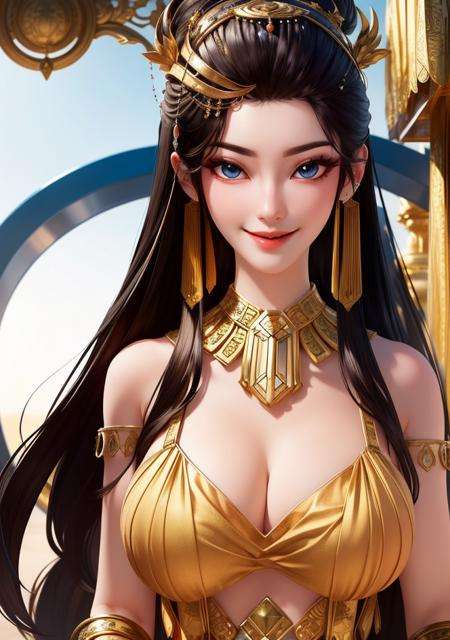 yuanyao,1girl , (masterpiece:1.5), (best quality:1.5), long black hair,blue eyes,light smile,Neck ring,gradient background,(huge breasts), white background,  Gold jewelry, blue_dress, closed_mouth, bangle, looking_at_viewer, upper_body, necklace, earrings <lora:YuanYao_v7:0.7:OUTD>  <lora:YuanYao_v6:0.3:MIDD>