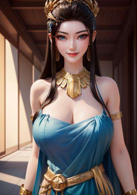 yuanyao,1girl , (masterpiece:1.5), (best quality:1.5), long black hair,blue eyes,light smile,Neck ring,gradient background,(huge breasts), white background,  Gold jewelry, blue_dress, closed_mouth, bangle, looking_at_viewer, upper_body, necklace, earrings <lora:YuanYao_v7:0.7:OUTD>  <lora:YuanYao_v6:0.3:MIDD>