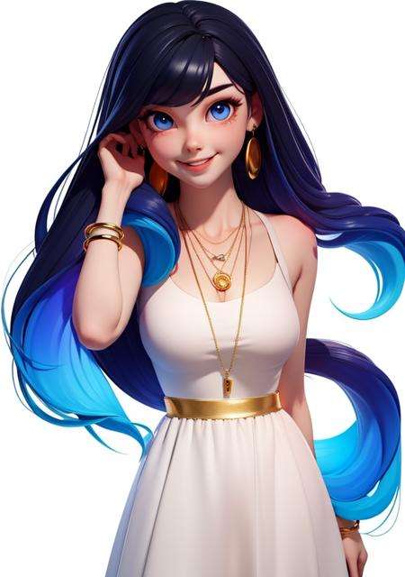3dcute,1girl toy, masterpiece, best quality, long black hair, Qi bangs,blue eyes,light smile,Neck ring,gradient background,(huge breasts:0.5), white background,  Gold jewelry, blue_dress, closed_mouth, bangle, looking_at_viewer, upper_body, necklace, earrings