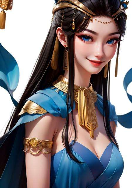 yuanyao,1girl , masterpiece, best quality, long black hair,blue eyes,light smile,Neck ring,gradient background,(huge breasts:0.5), white background,  Gold jewelry, blue_dress, closed_mouth, bangle, looking_at_viewer, upper_body, necklace, earrings <lora:YuanYao_v7:0.7:OUTD>  <lora:YuanYao_v6:0.3:MIDD>